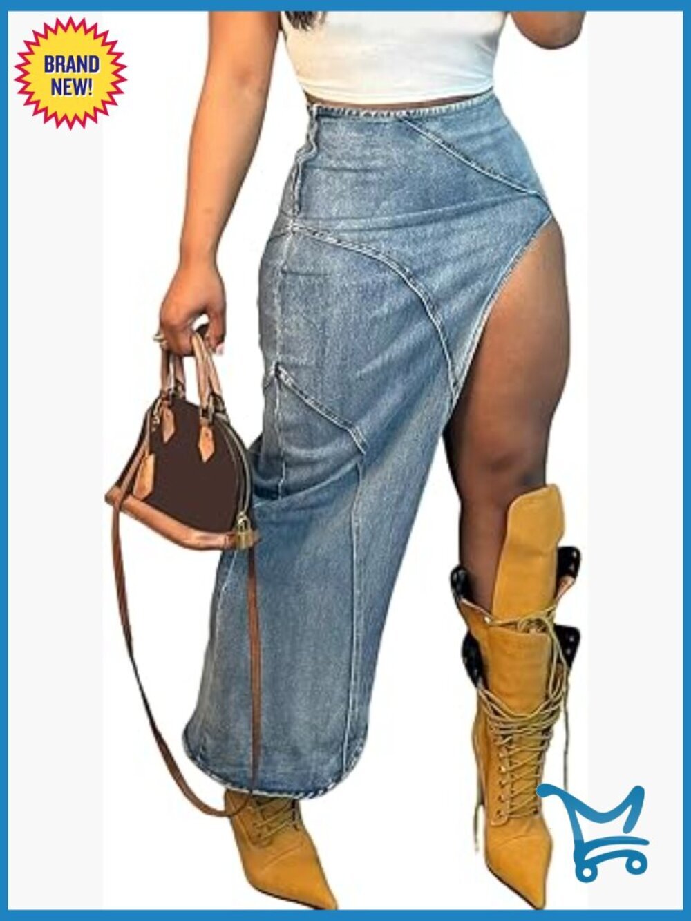 High Waist Denim Maxi Skirt Asymmetric Split Zipper Stretch Skirt